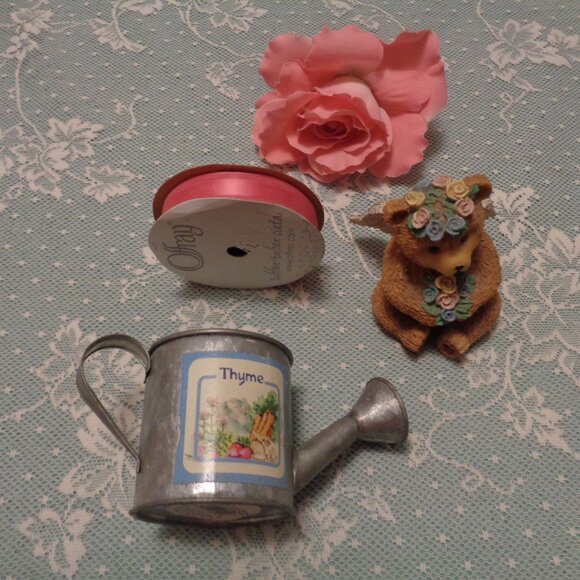 GIRL BEAR FIGURINE W ANGEL WINGS PINK RIBBON WATERING CAN LOT - Picture 2 of 7